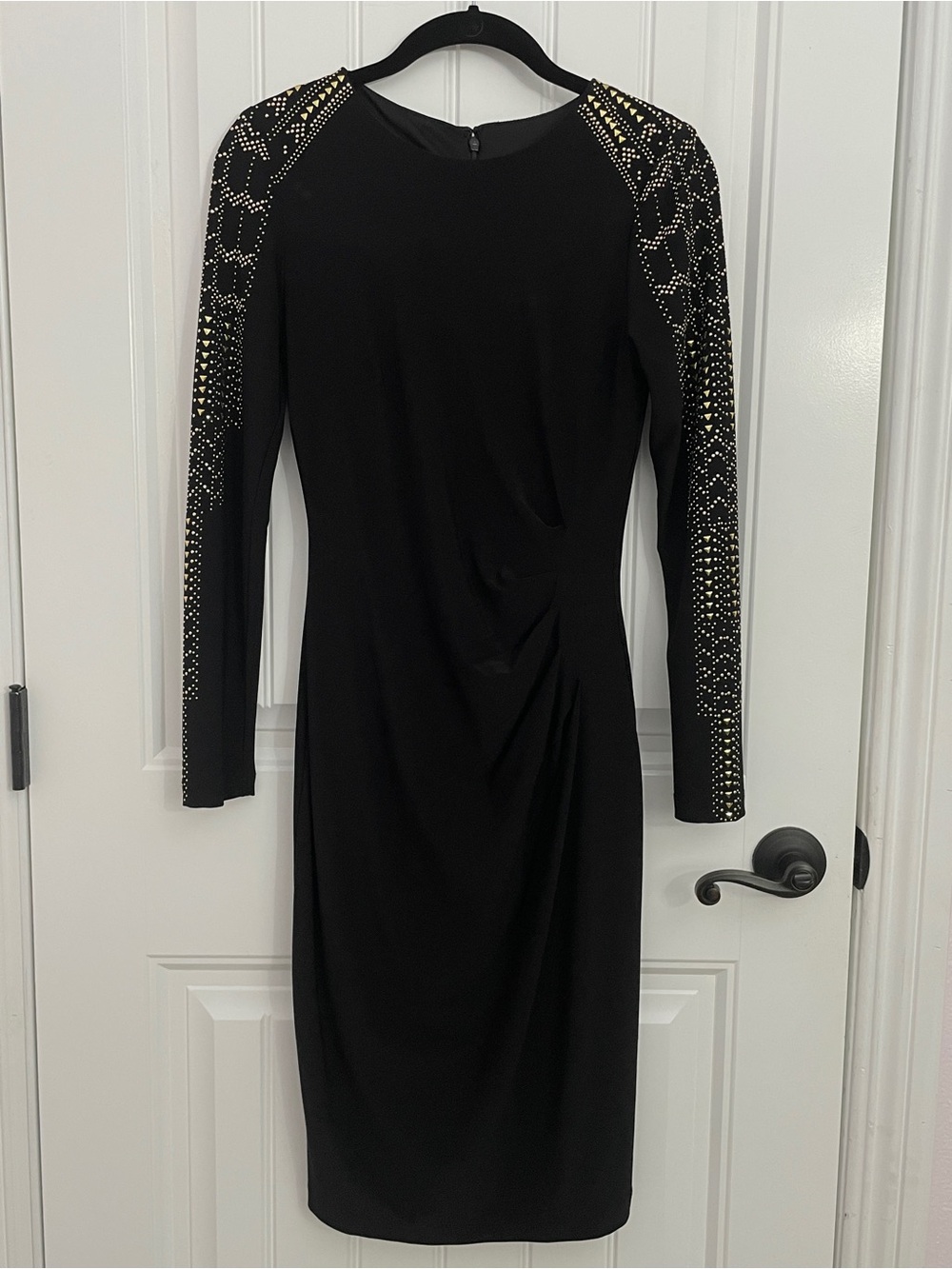 Marina Black Embellished Long Sleeve Gathered Dress Silver Gold Studded Size 2